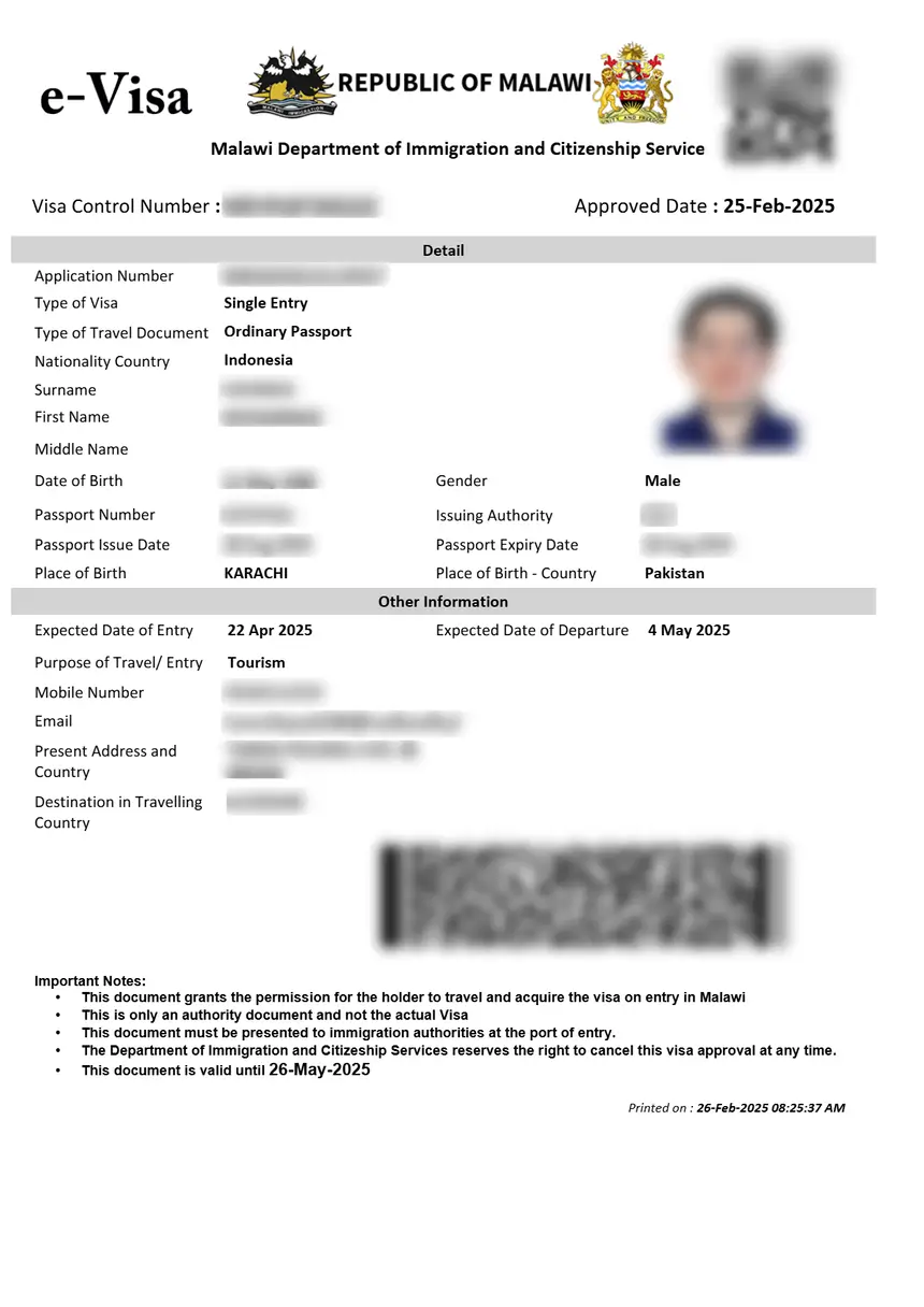 Sample Malawi e-Visa approval